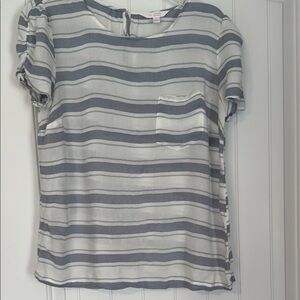 LC Lauren Conrad White and Blue Blouse with Short Sleeves